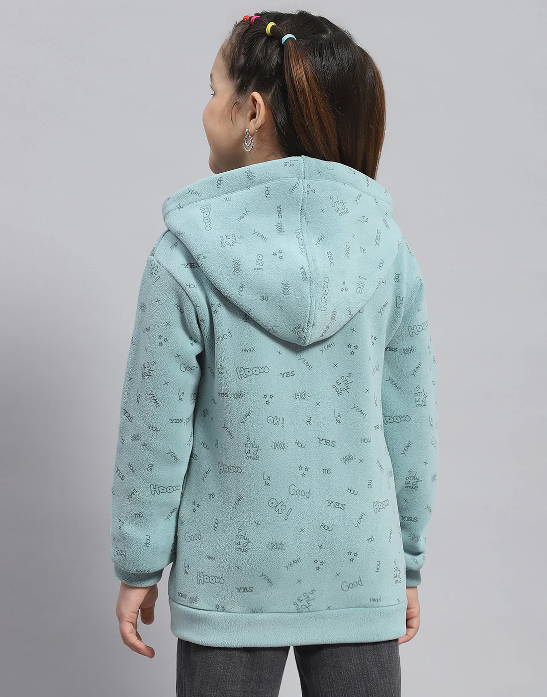 Girls Green Printed Hooded Full Sleeve Sweatshirt - Image 5