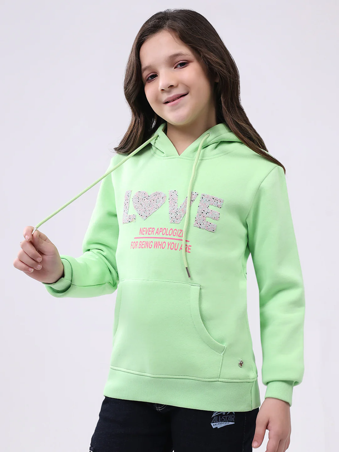 Girls Green Printed Hooded Full Sleeve Sweatshirt - Image 3
