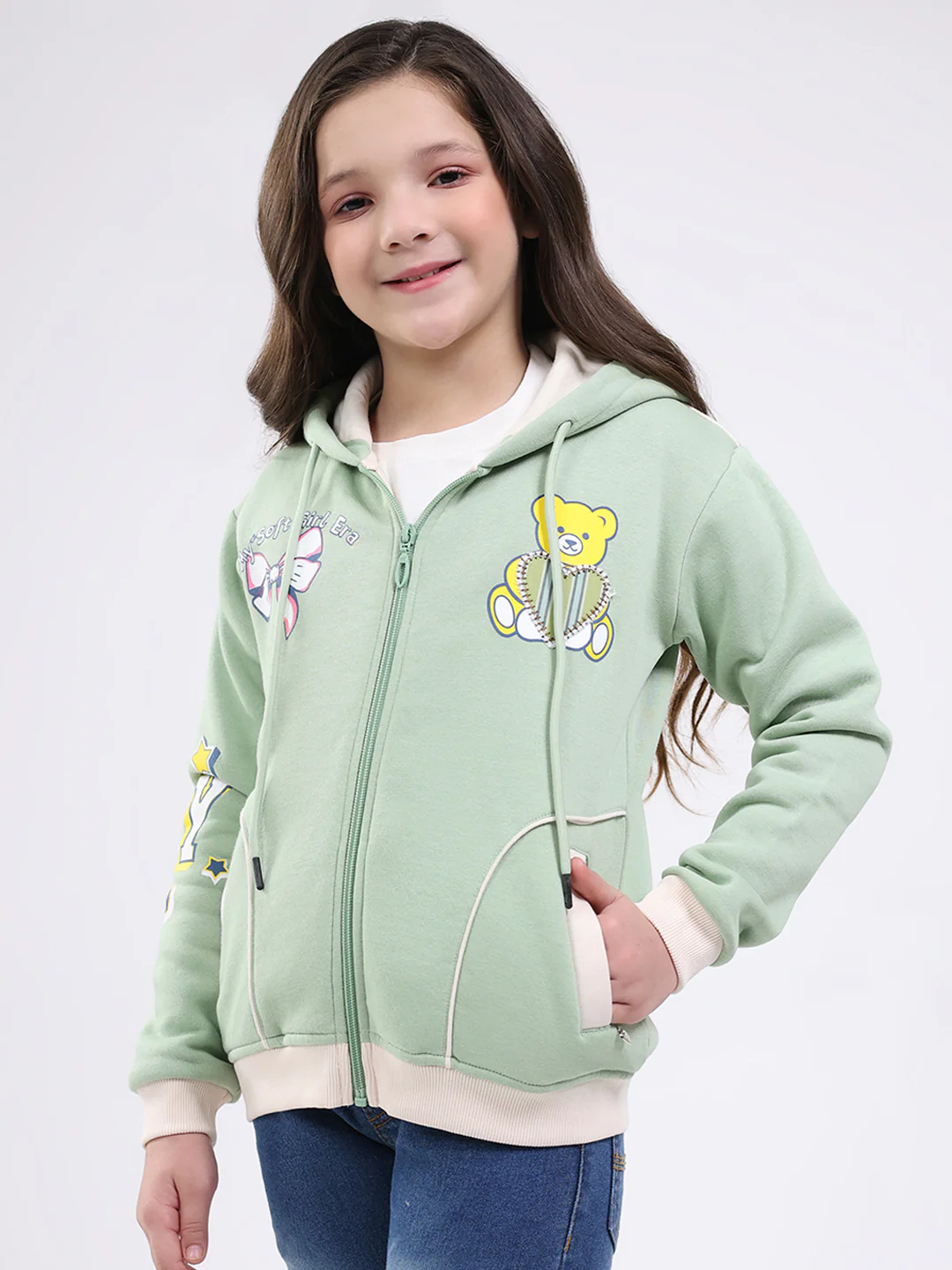 Girls Green Printed Hooded Full Sleeve Sweatshirt - Image 3