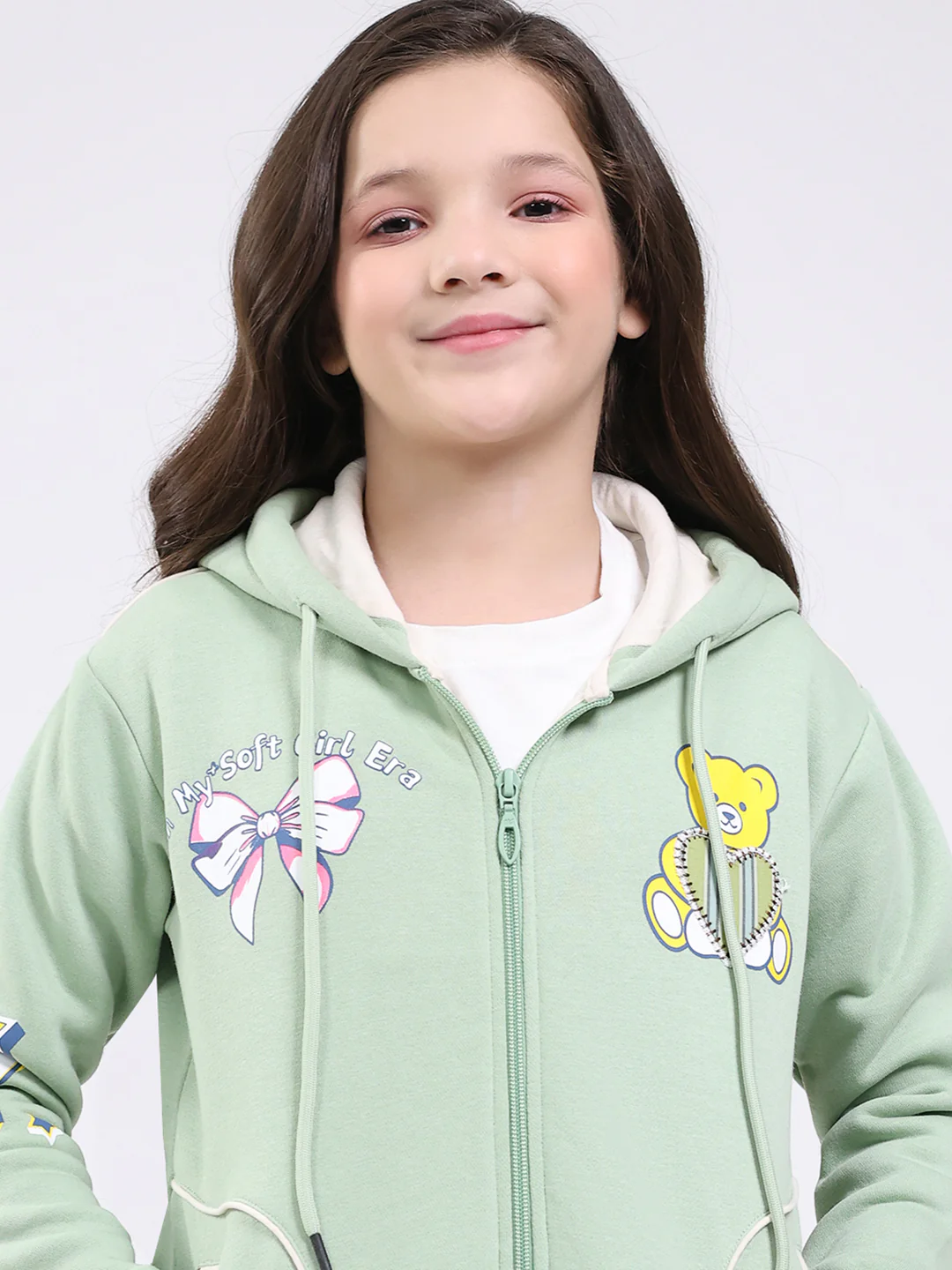 Girls Green Printed Hooded Full Sleeve Sweatshirt - Image 6