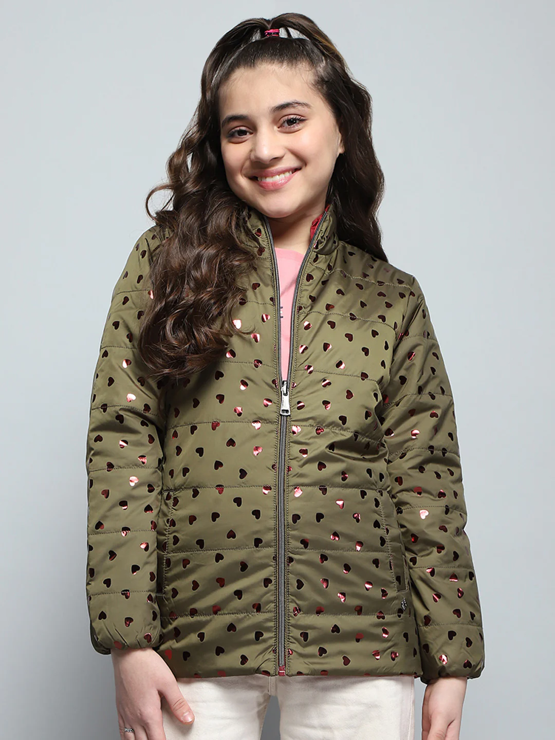 Girls Green Printed Mock Neck Full Sleeve Reversible Jacket