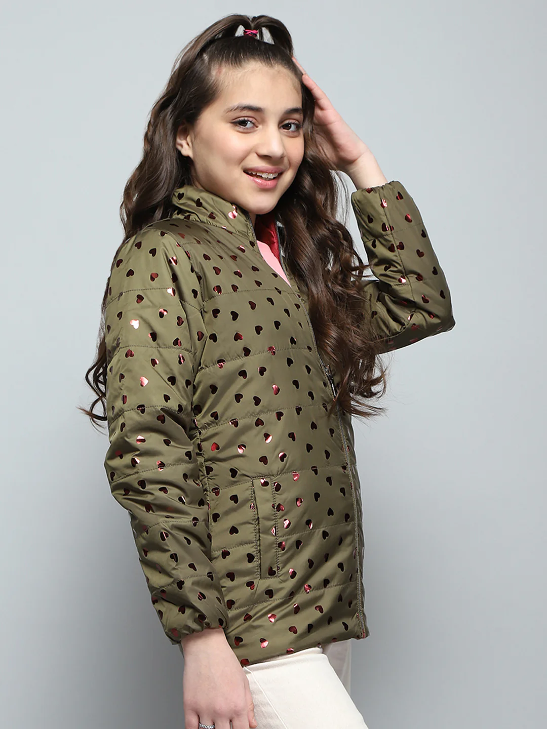 Girls Green Printed Mock Neck Full Sleeve Reversible Jacket - Image 4