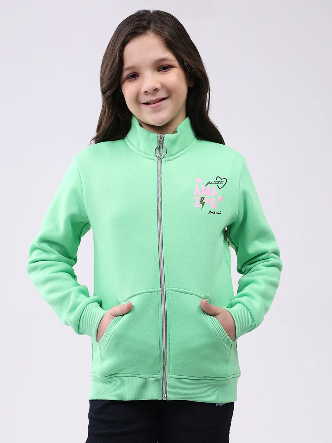 Girls Green Printed Mock Neck Full Sleeve Sweatshirt