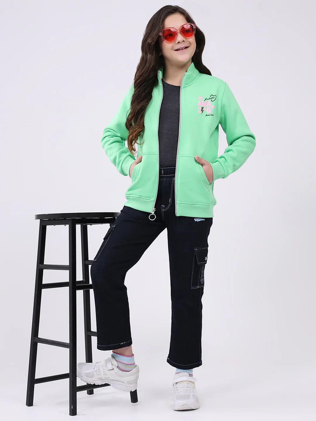 Girls Green Printed Mock Neck Full Sleeve Sweatshirt - Image 2
