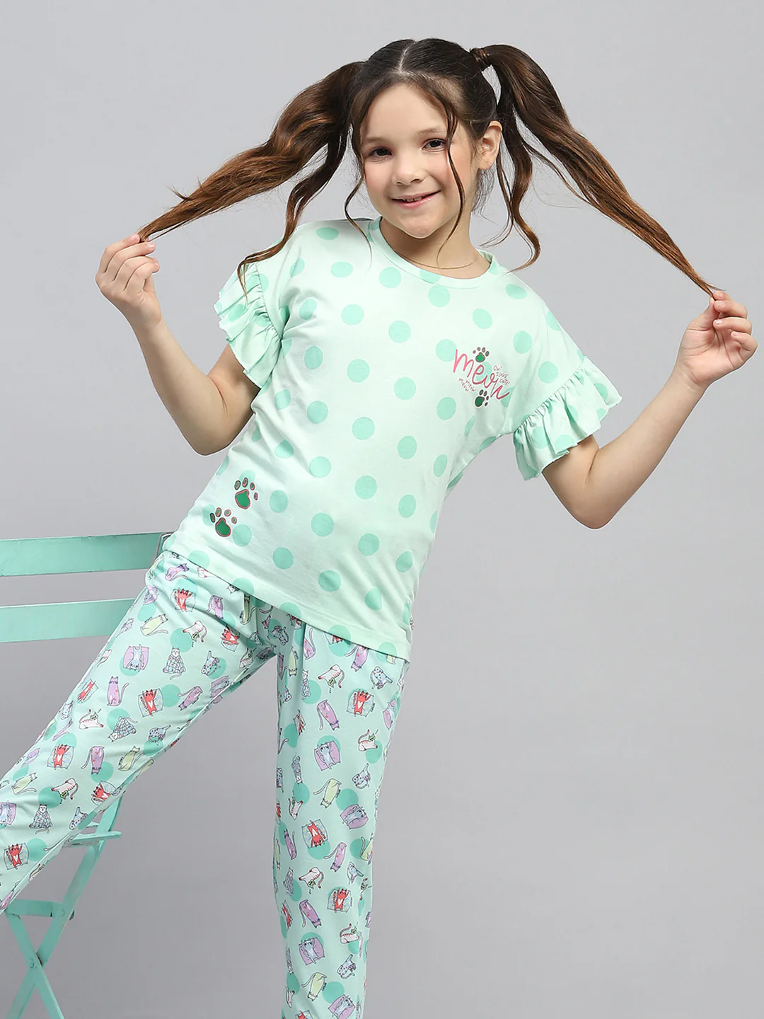Girls Green Printed Regular Fit Lower Set - Image 6