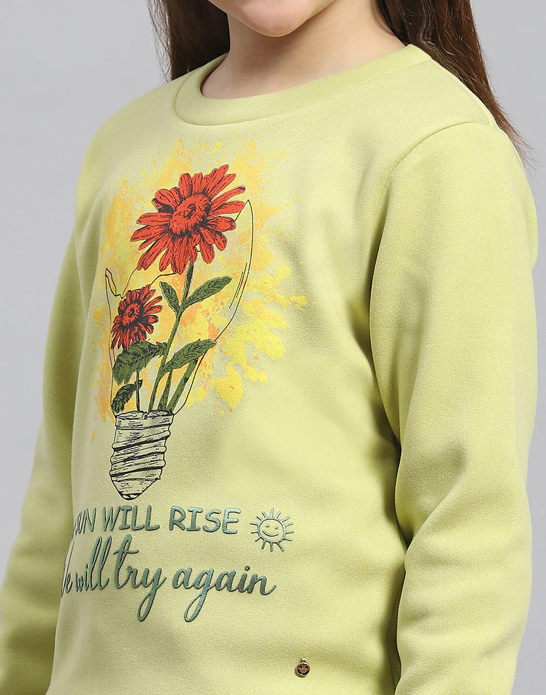 Girls Green Printed Round Neck Full Sleeve Sweatshirt - Image 7