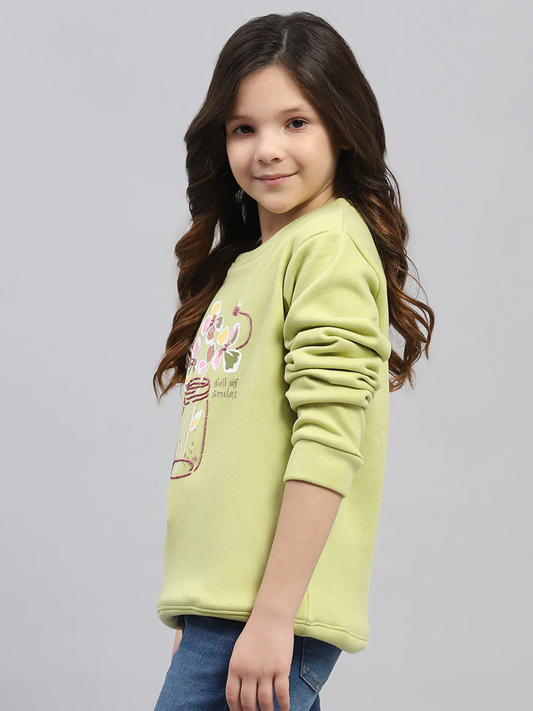 Girls Green Printed Round Neck Full Sleeve Sweatshirt - Image 3