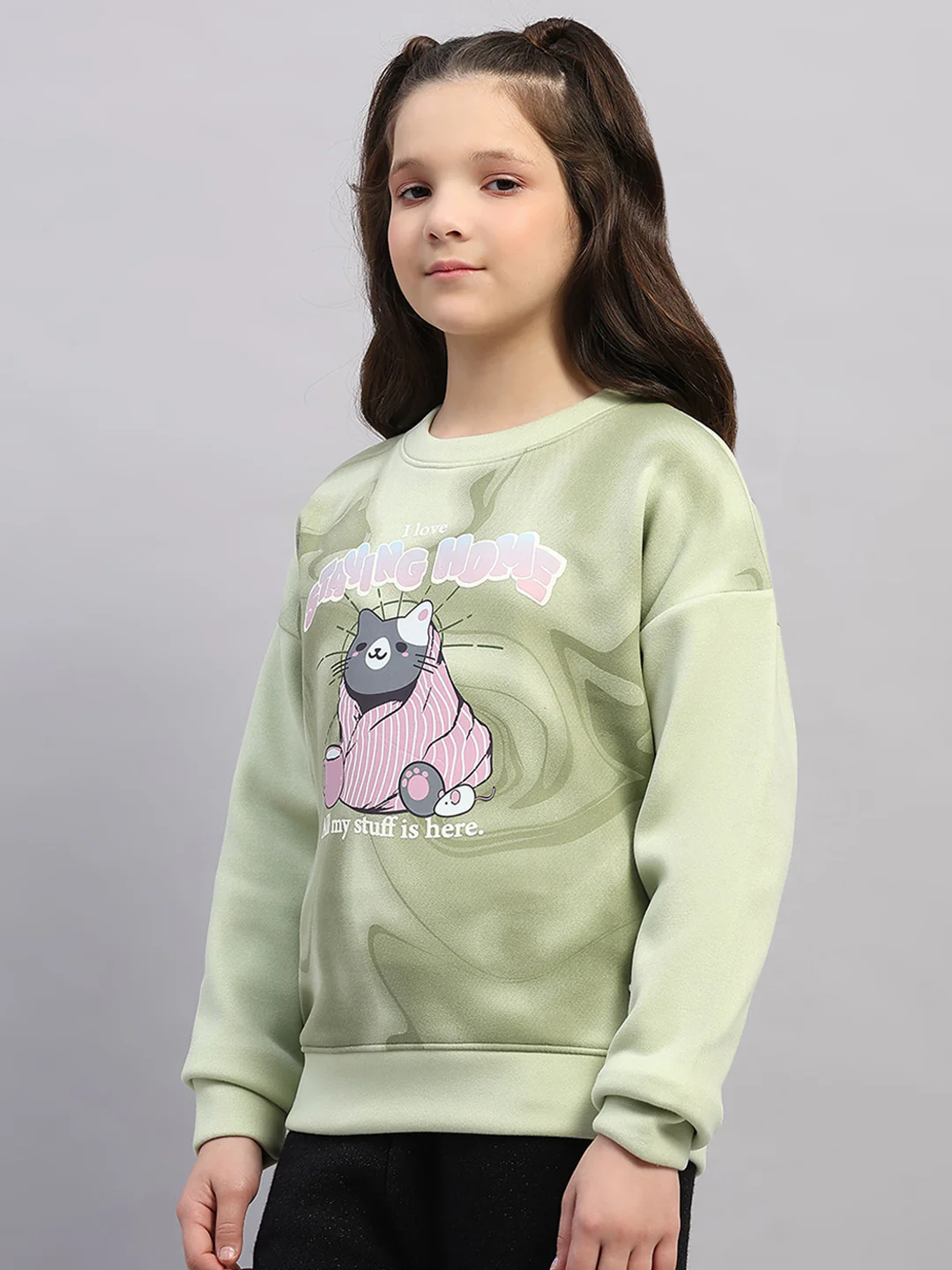Girls Green Printed Round Neck Full Sleeve Sweatshirt - Image 3