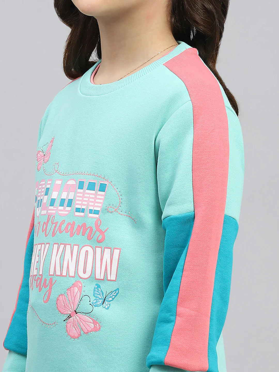 Girls Green Printed Round Neck Full Sleeve Tracksuit - Image 7