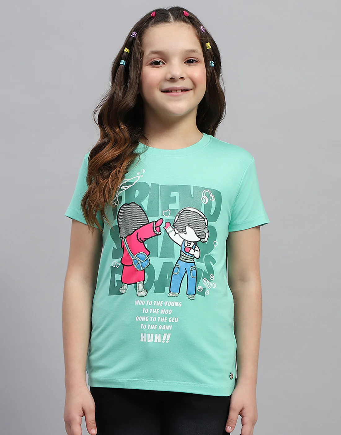 Girls Green Printed Round Neck Half Sleeve Top - Image 2