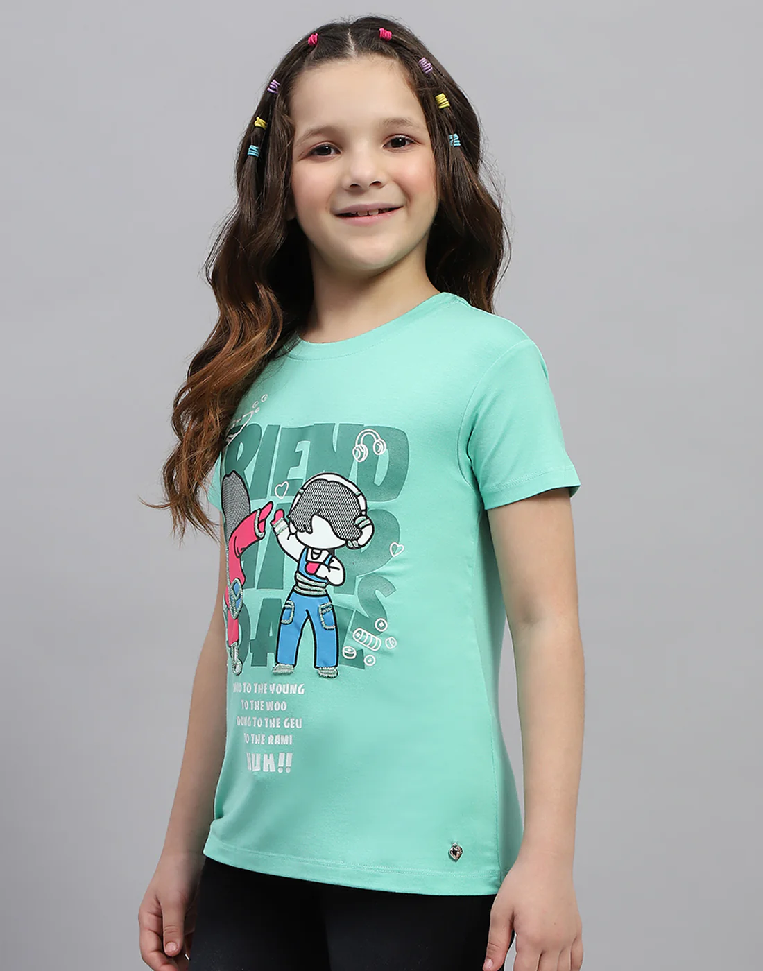 Girls Green Printed Round Neck Half Sleeve Top - Image 3