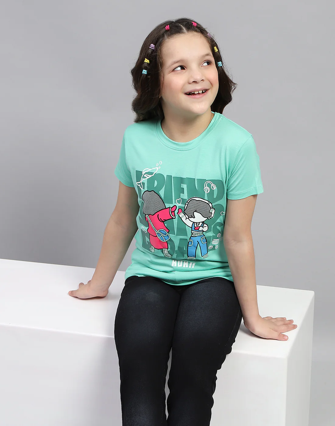 Girls Green Printed Round Neck Half Sleeve Top - Image 6
