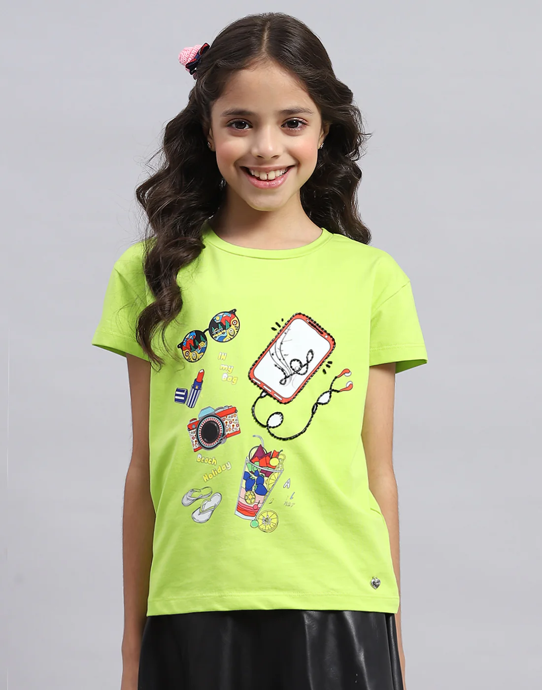 Girls Green Printed Round Neck Half Sleeve Top - Image 2