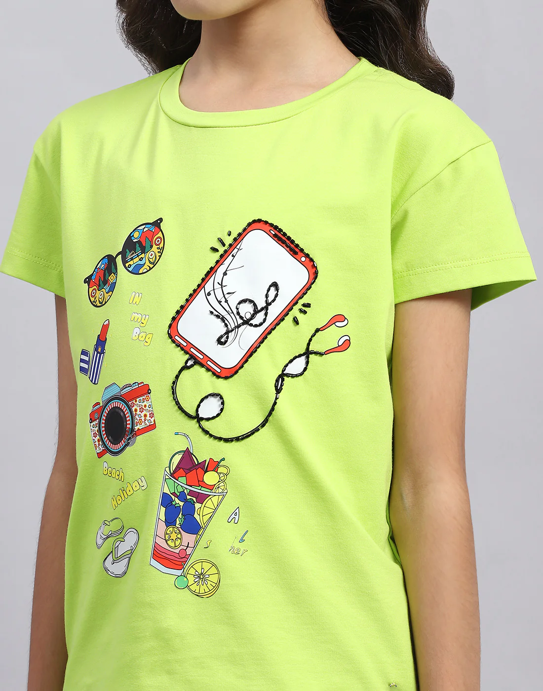 Girls Green Printed Round Neck Half Sleeve Top - Image 8