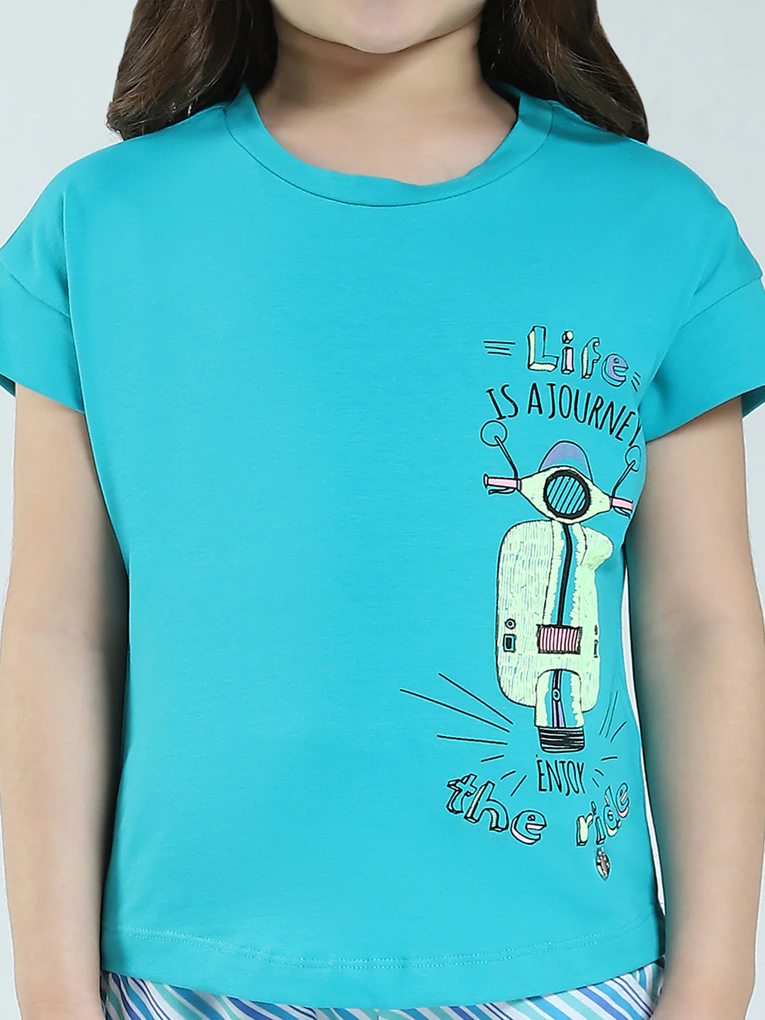 Girls Green Printed Round Neck Half Sleeve Lower Set - Image 7