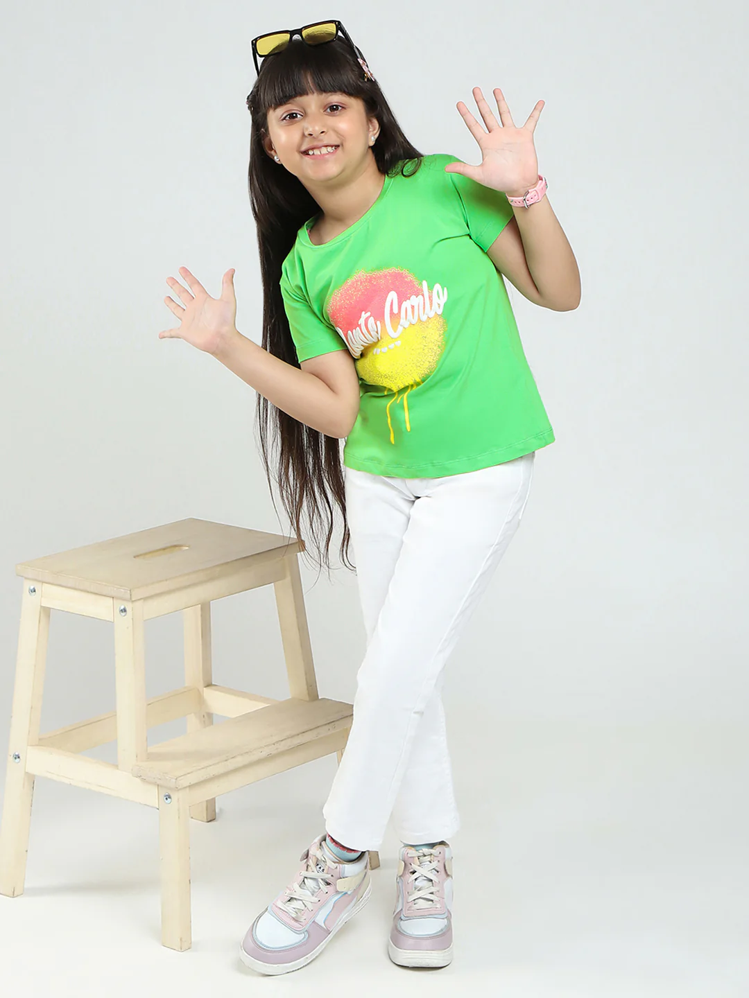 Girls Green Printed Round Neck Half Sleeve Top - Image 2