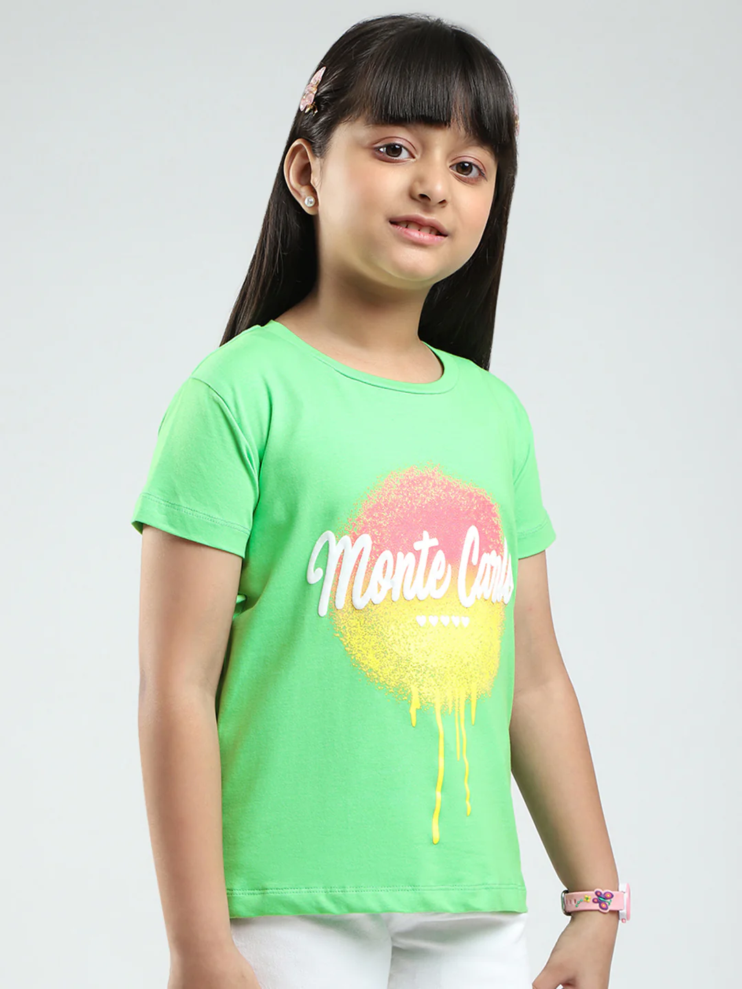 Girls Green Printed Round Neck Half Sleeve Top - Image 4