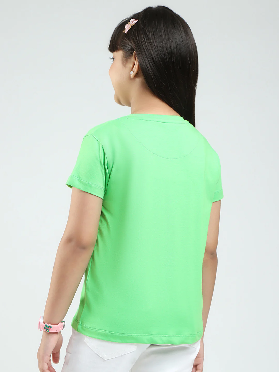 Girls Green Printed Round Neck Half Sleeve Top - Image 5