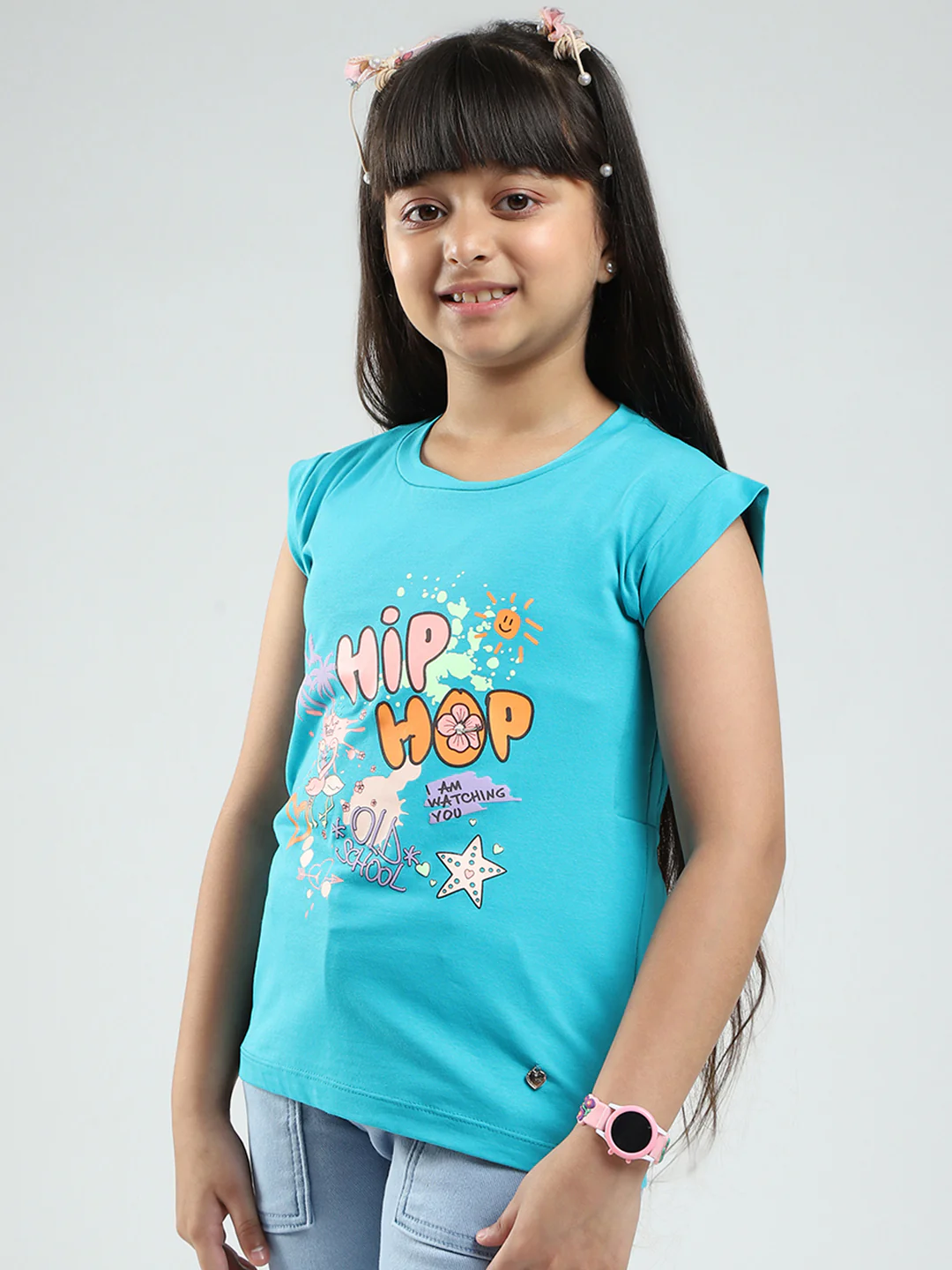 Girls Green Printed Round Neck Half Sleeve Top - Image 3