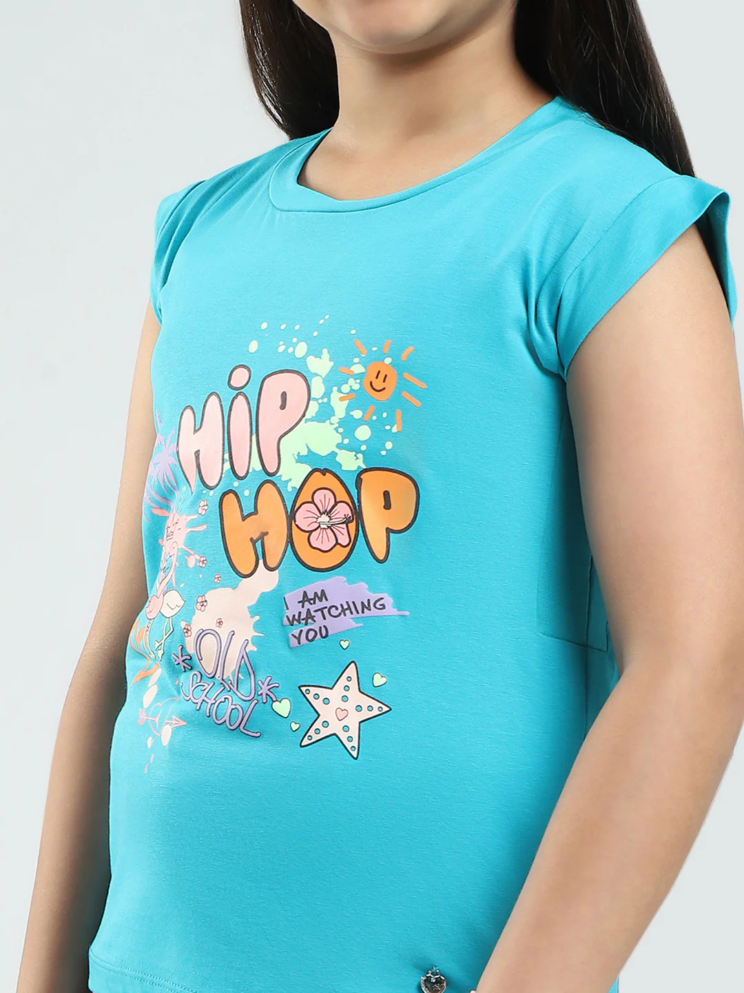 Girls Green Printed Round Neck Half Sleeve Top - Image 6
