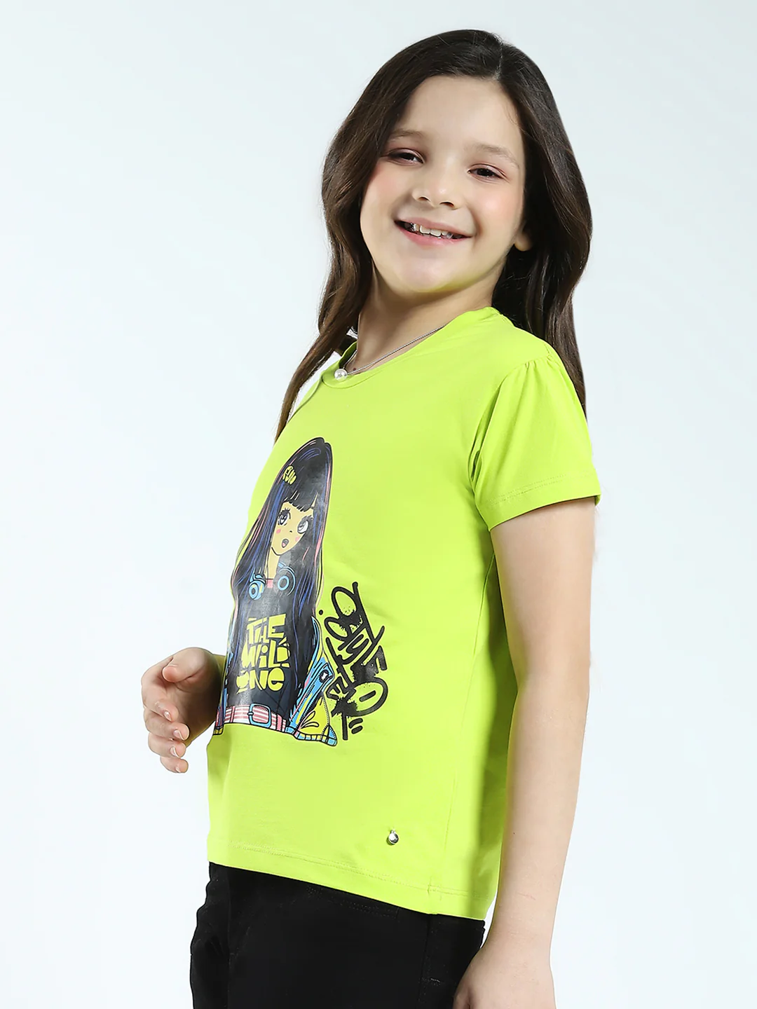 Girls Green Printed Round Neck Half Sleeve Top - Image 3