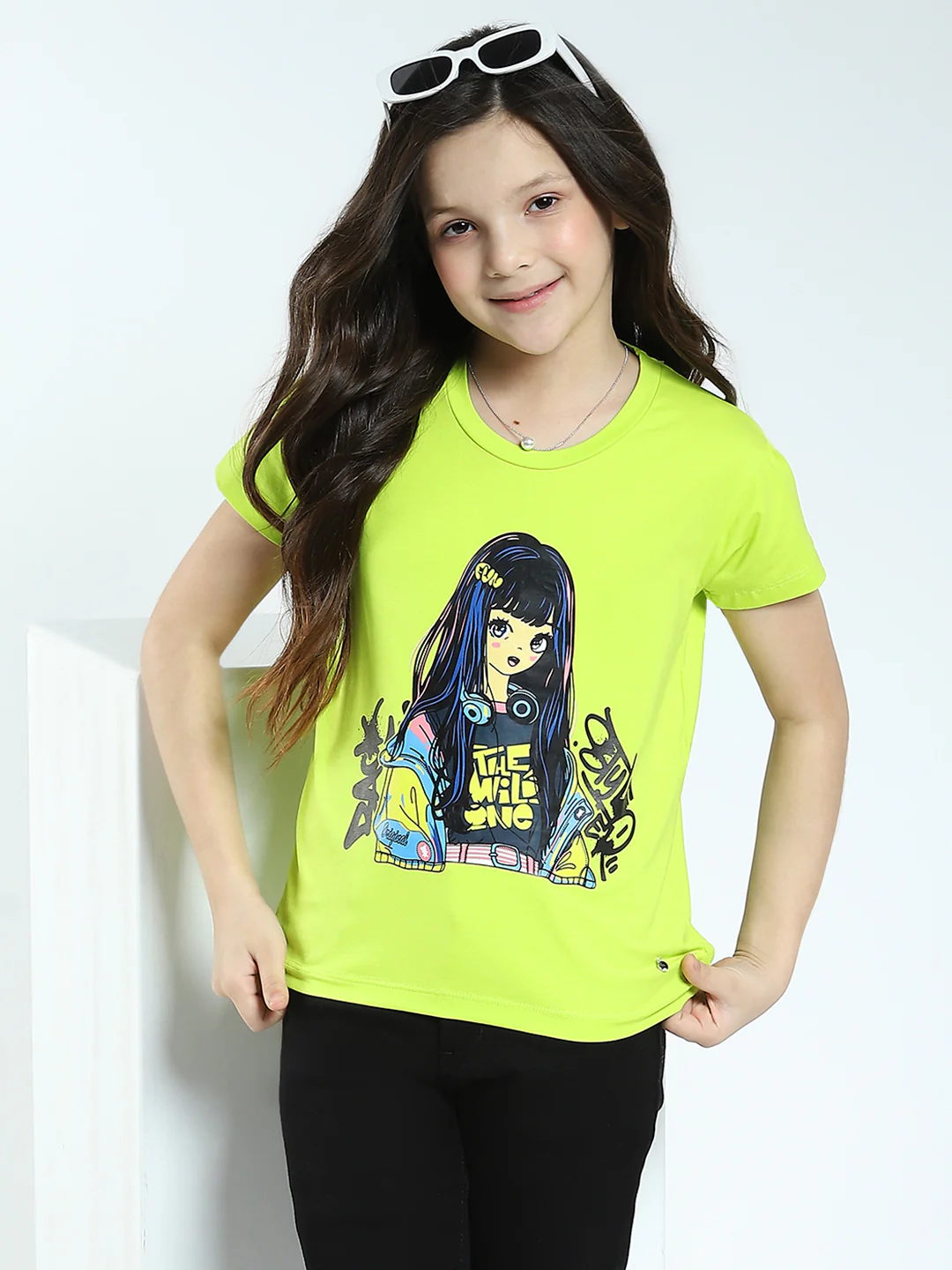 Girls Green Printed Round Neck Half Sleeve Top - Image 6