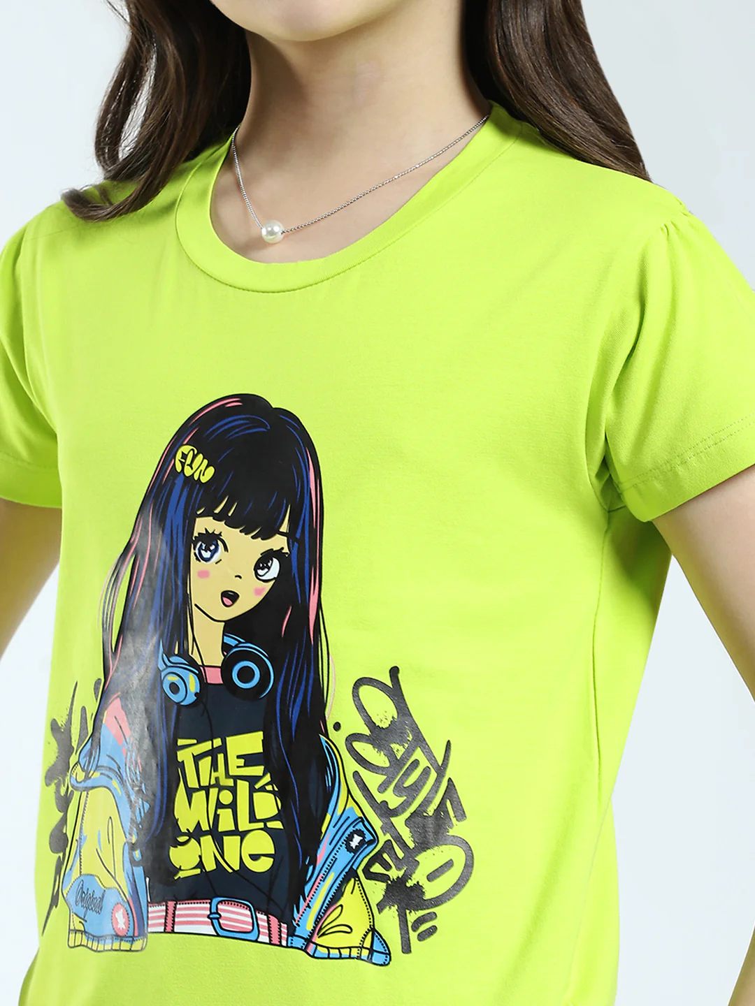 Girls Green Printed Round Neck Half Sleeve Top - Image 7
