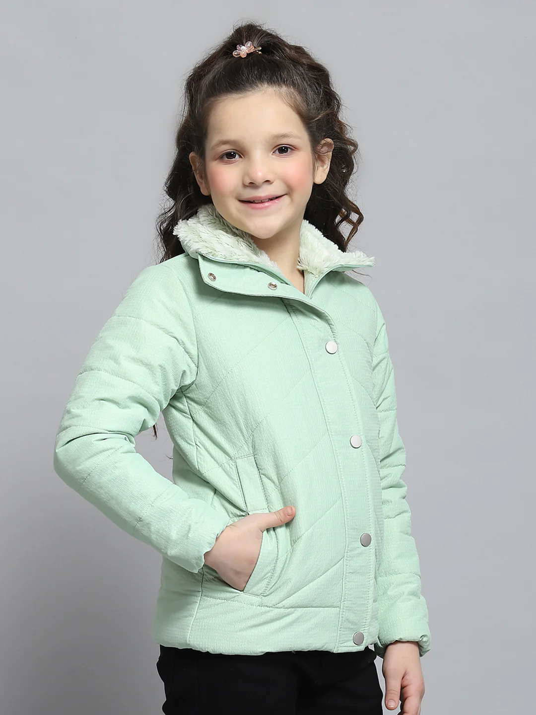 Girls Green Self Design Collar Full Sleeve Jacket - Image 4