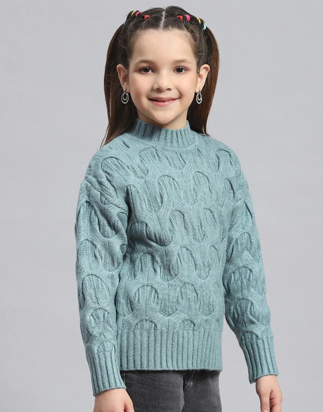 Girls Green Self Design T Neck Full Sleeve Sweater - Image 4