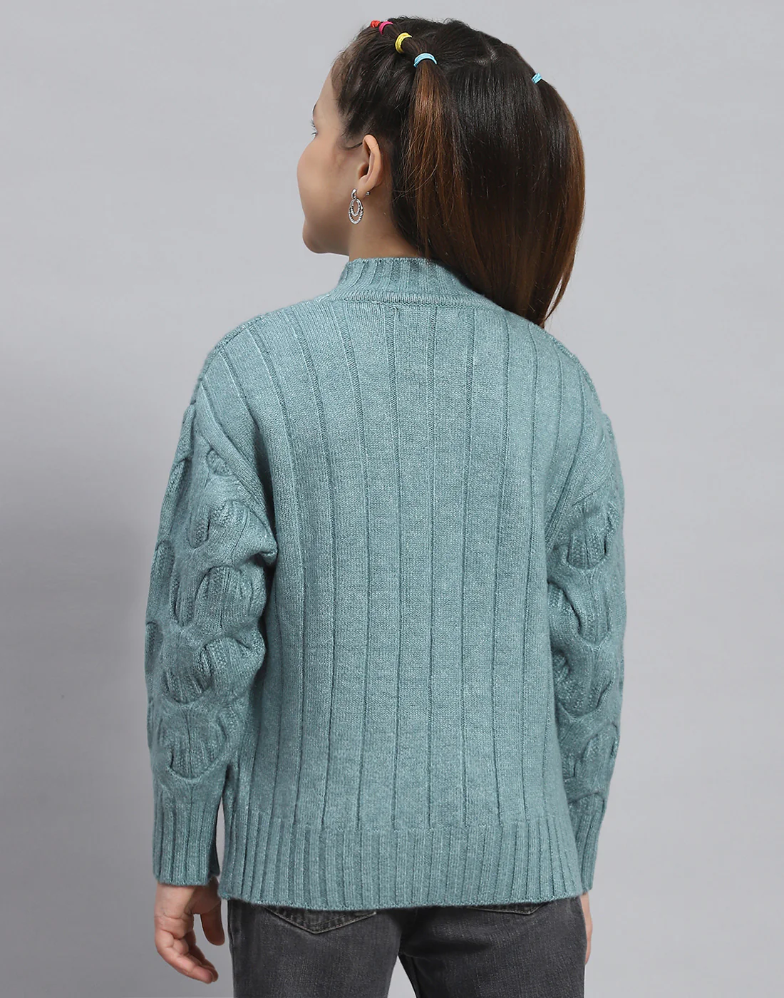 Girls Green Self Design T Neck Full Sleeve Sweater - Image 5