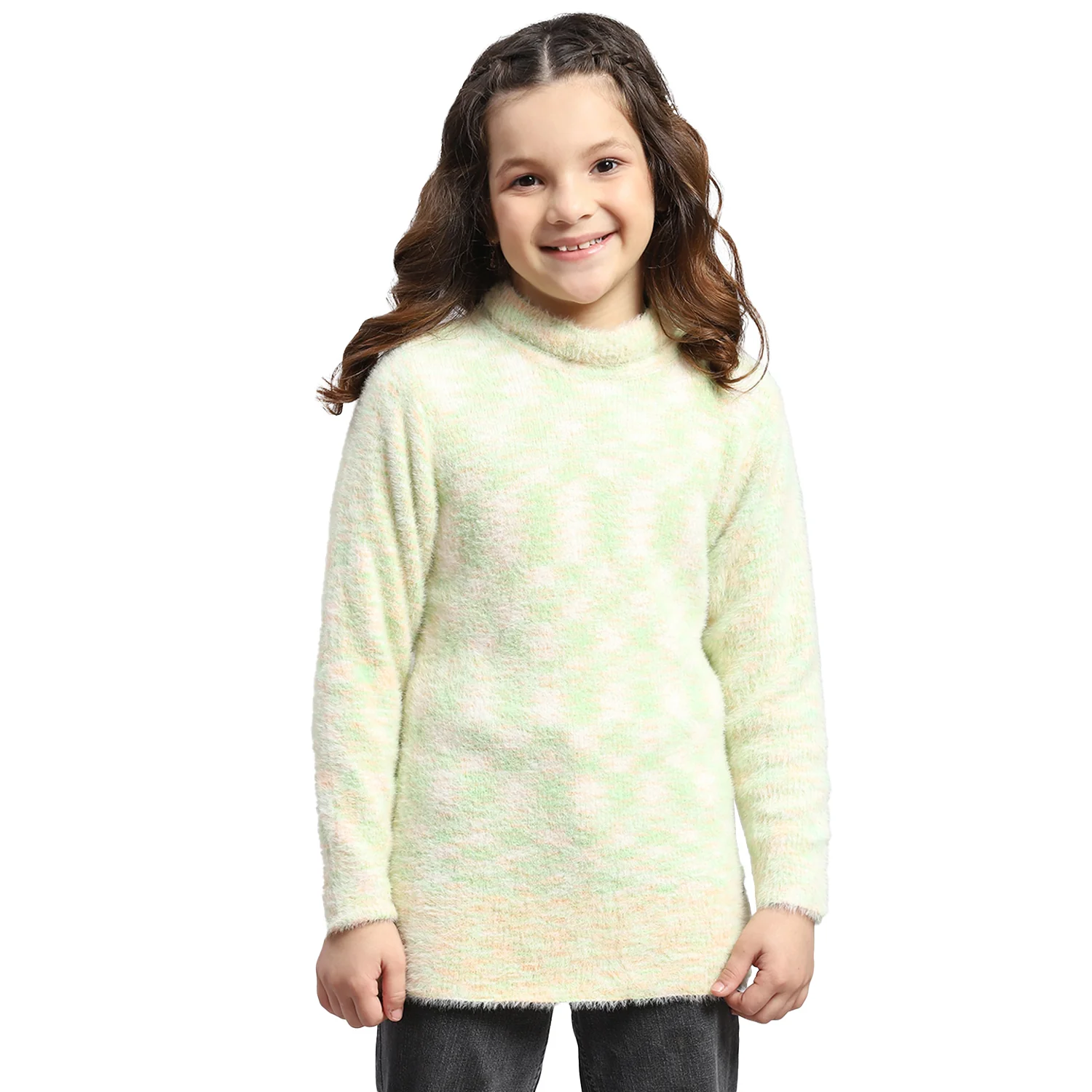 Girls Green Self Design T Neck Full Sleeve Sweatshirt - Image 6