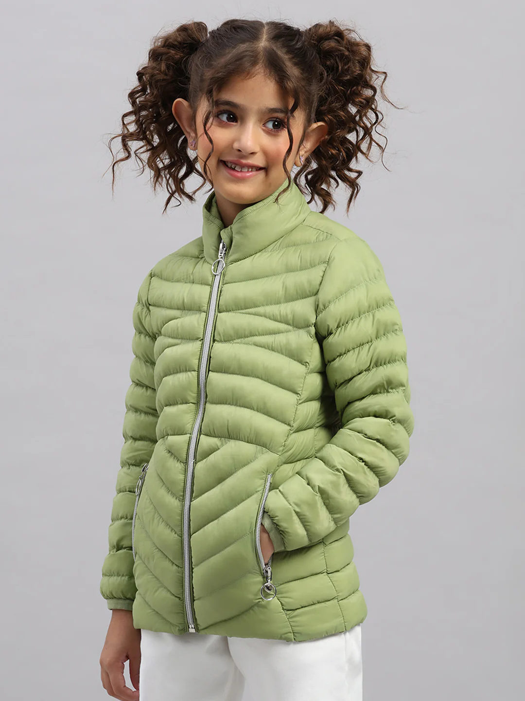 Girls Green Solid Collar Full Sleeve Jacket - Image 3