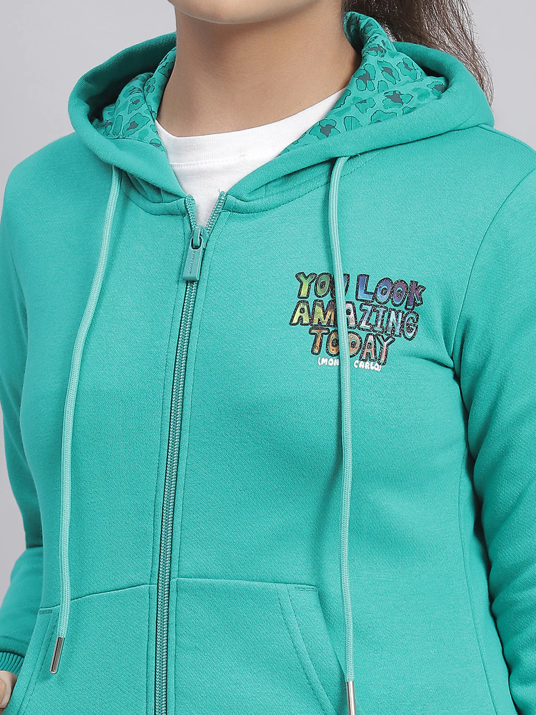 Girls Green Solid Hooded Full Sleeve Sweatshirt - Image 6