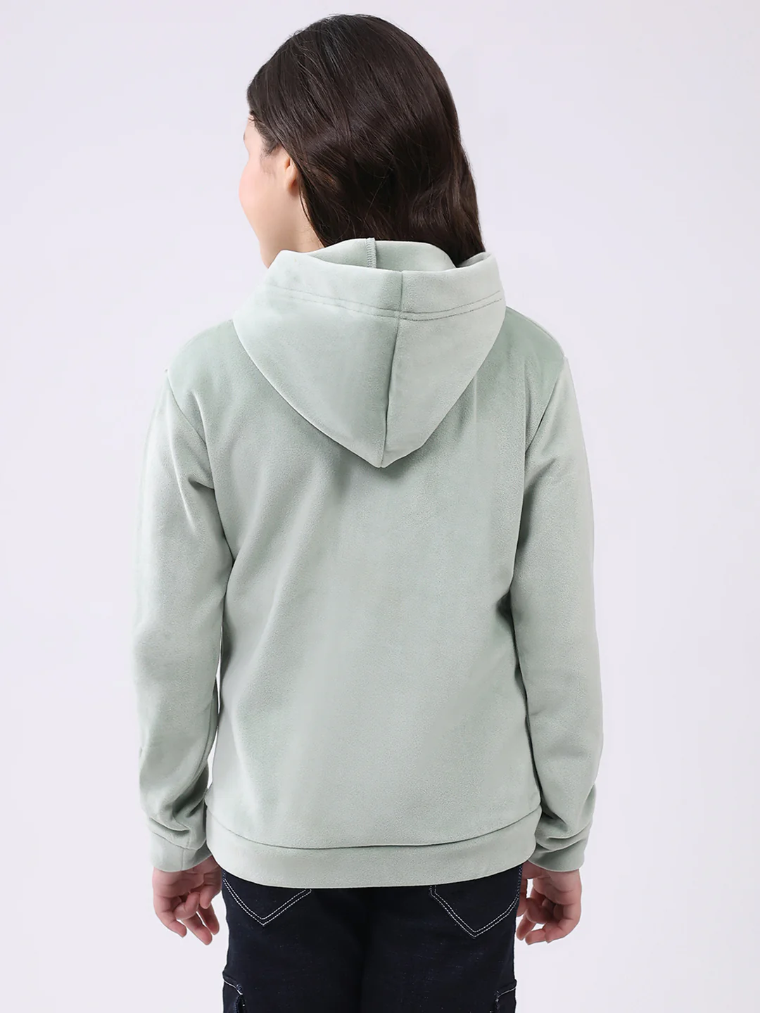 Girls Green Solid Hooded Full Sleeve Sweatshirt - Image 5