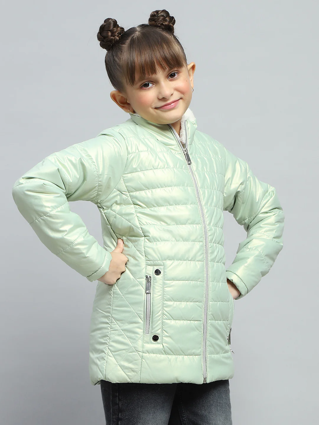 Girls Green Solid Mock Neck Full Sleeve Jacket - Image 4