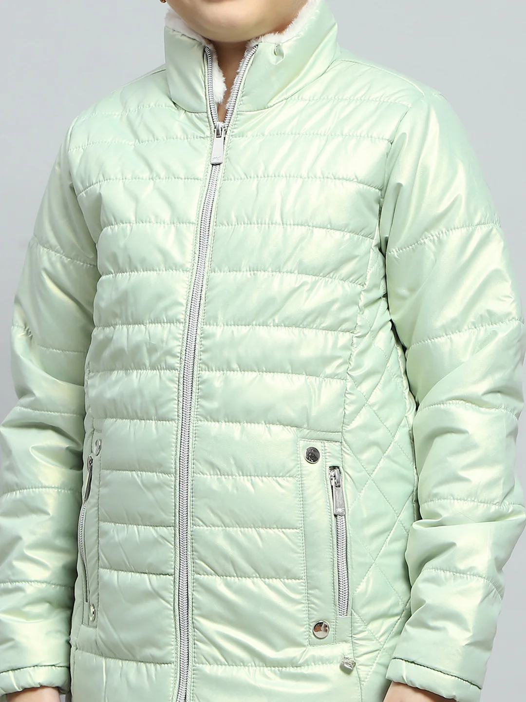 Girls Green Solid Mock Neck Full Sleeve Jacket - Image 6