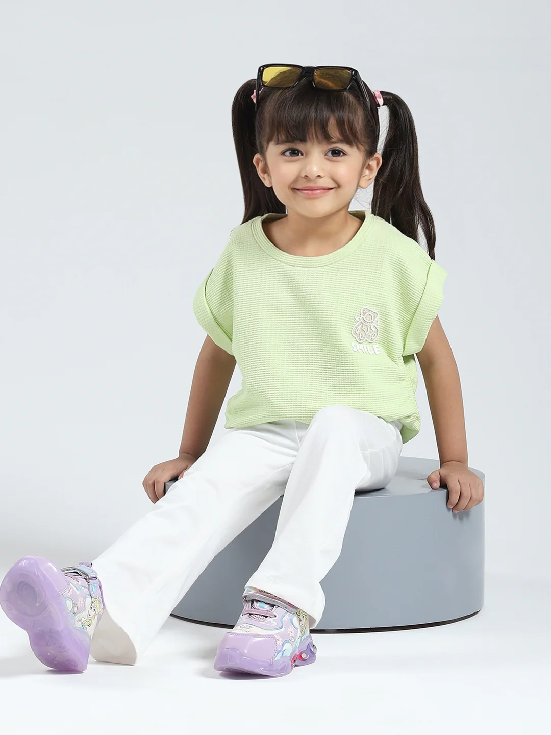 Girls Green Solid Round Neck Half Sleeve Top - Image 2