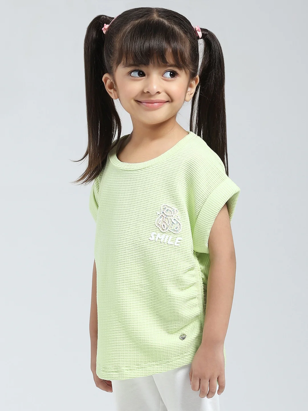 Girls Green Solid Round Neck Half Sleeve Top - Image 3
