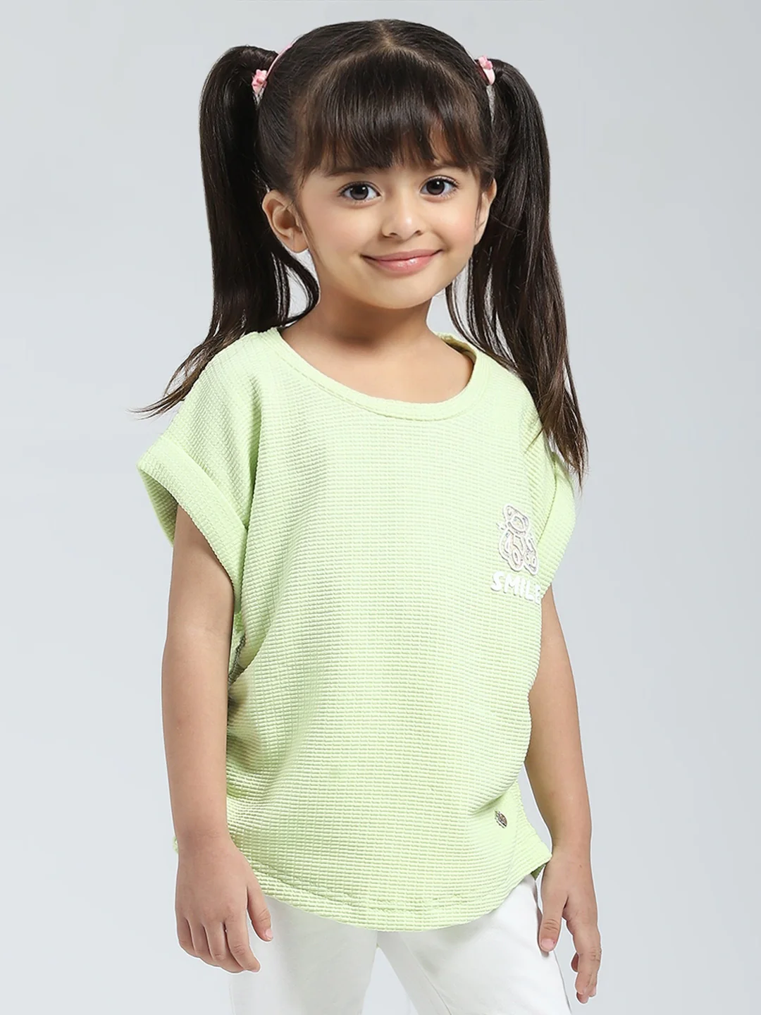 Girls Green Solid Round Neck Half Sleeve Top - Image 4