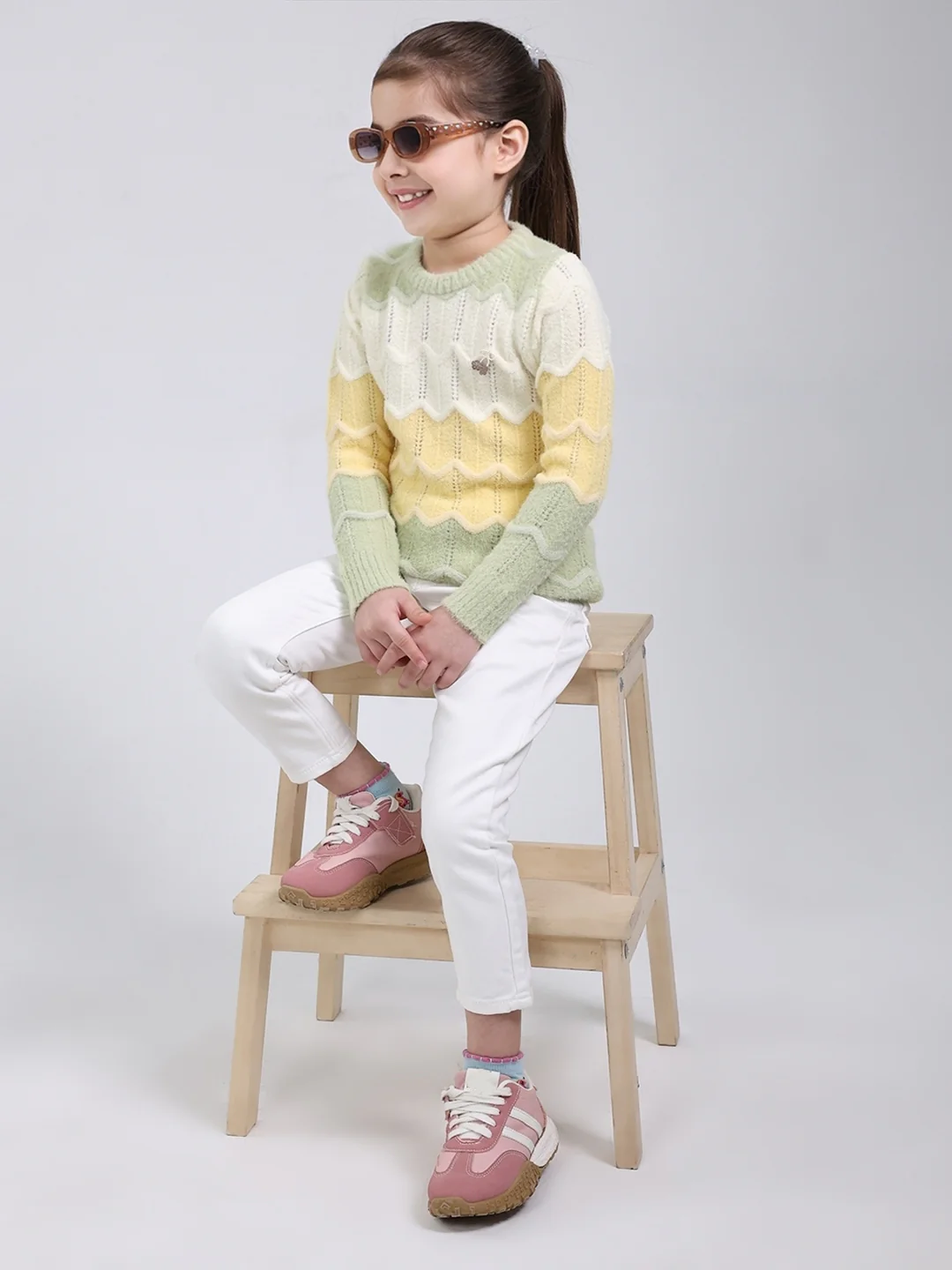 Girls Green Stripe Round Neck Full Sleeve Pullover - Image 2