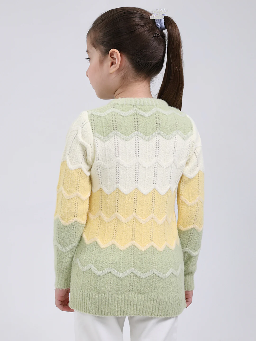 Girls Green Stripe Round Neck Full Sleeve Pullover - Image 5