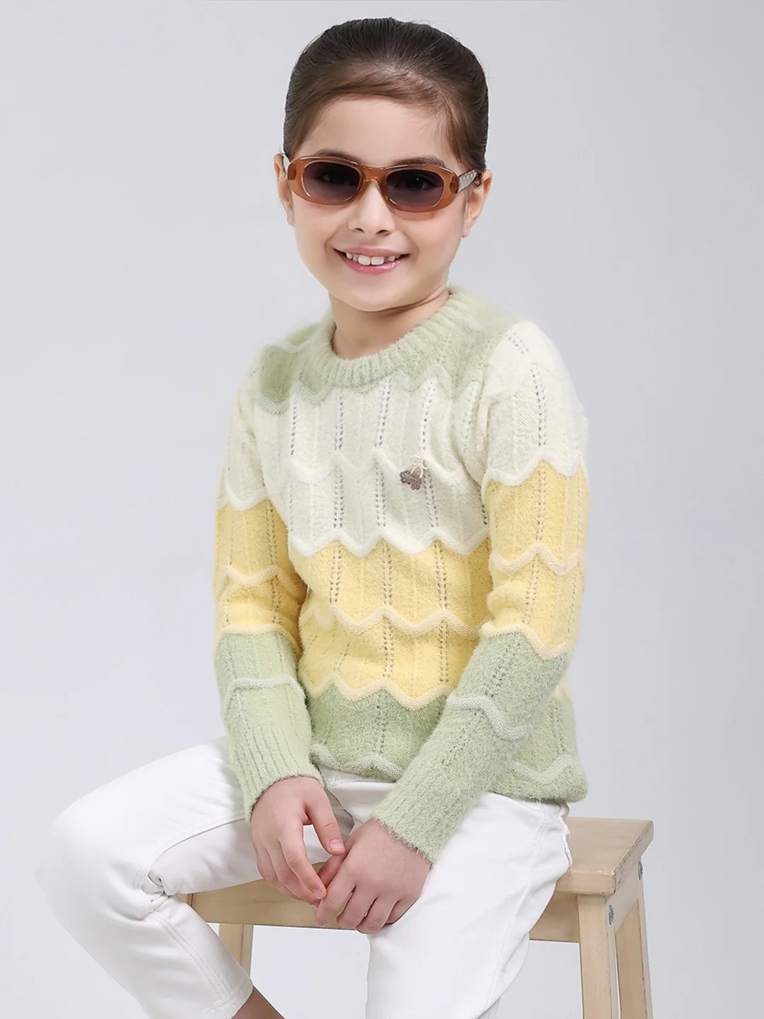 Girls Green Stripe Round Neck Full Sleeve Pullover - Image 6