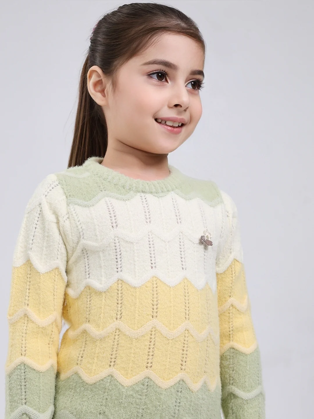 Girls Green Stripe Round Neck Full Sleeve Pullover - Image 7
