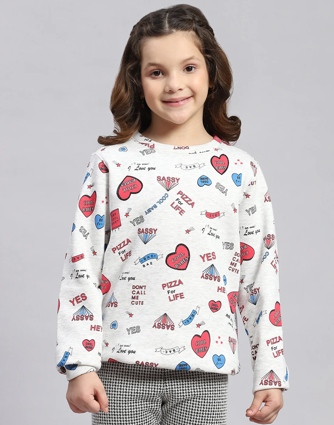 Girls Grey Printed Round Neck Full Sleeve Sweatshirt - Image 3