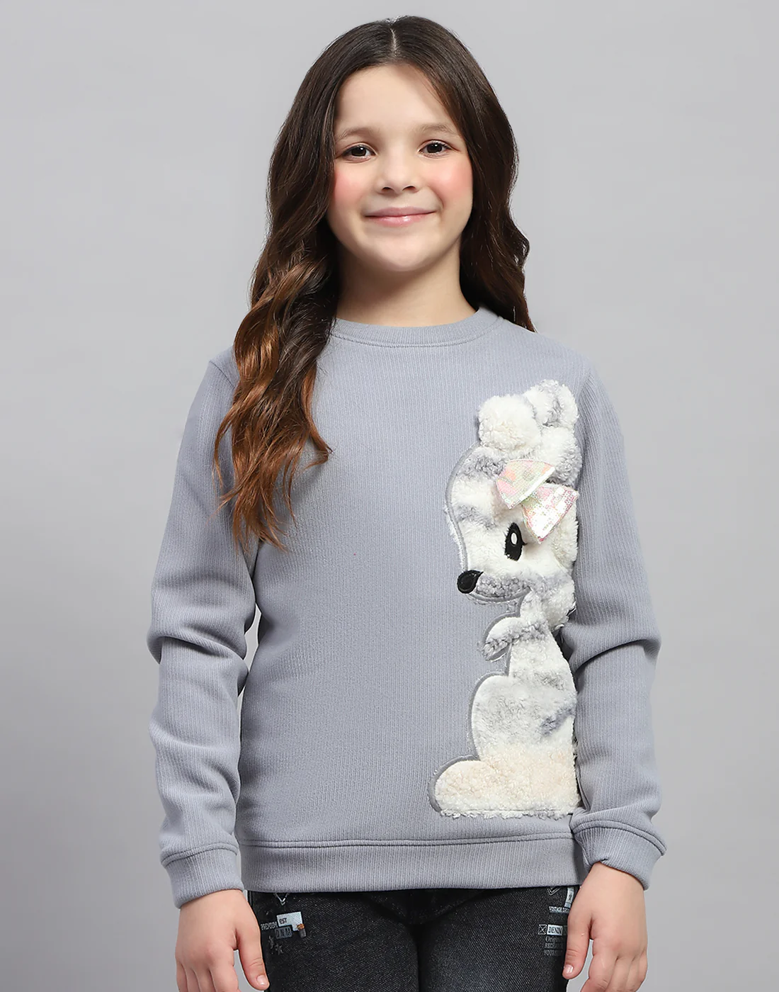 Girls Grey Self Design Round Neck Full Sleeve Sweatshirt - Image 2