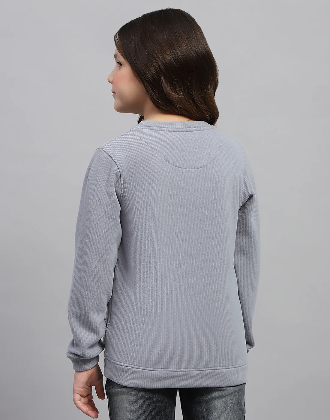 Girls Grey Self Design Round Neck Full Sleeve Sweatshirt - Image 5