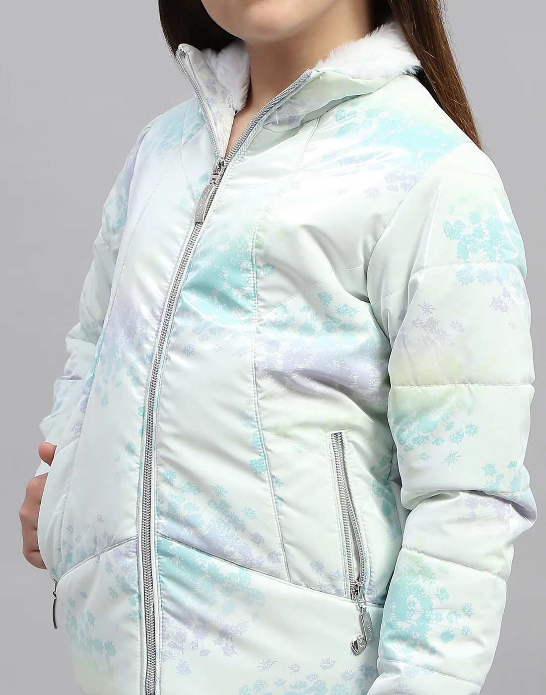 Girls Light Green Printed High Neck Full Sleeve Jacket - Image 7