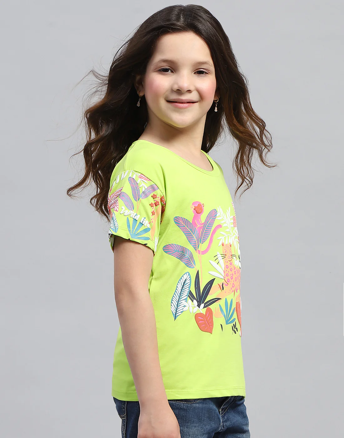 Girls Lime Green Printed Round Neck Half Sleeve Top - Image 4