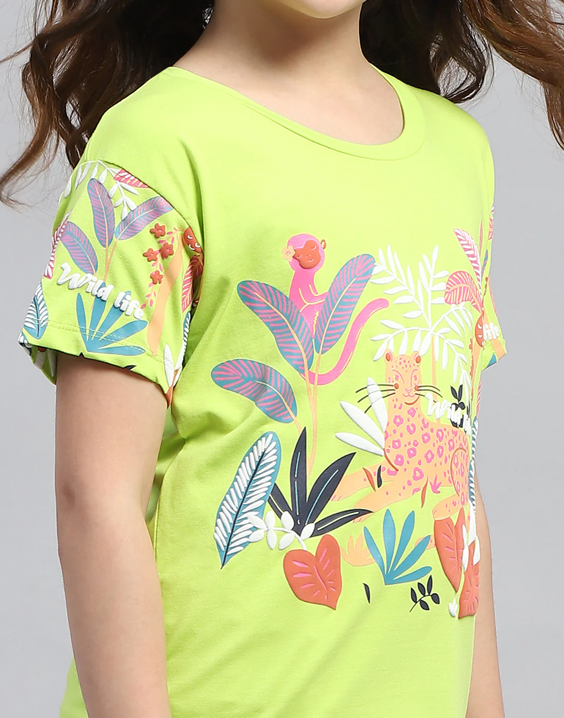 Girls Lime Green Printed Round Neck Half Sleeve Top - Image 6