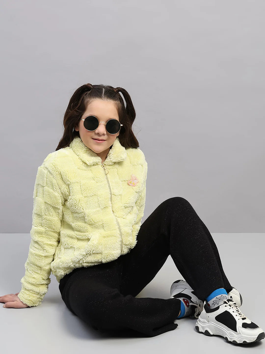 Girls Lime Green Self Design Collar Full Sleeve Sweatshirt - Image 2